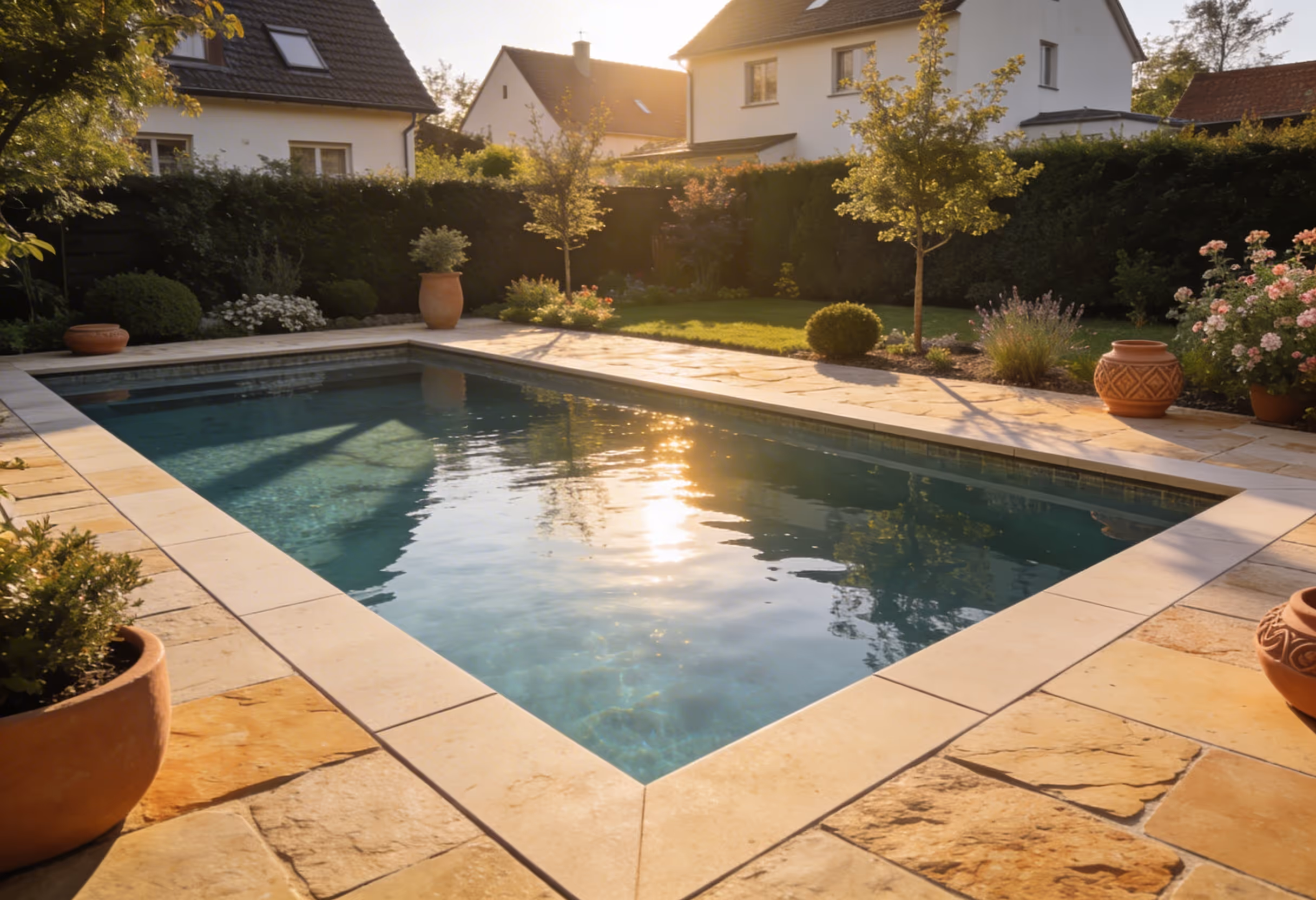 beheizter rechteckiger pool im garten bei sonnenuntergang umgeben von fliesen un