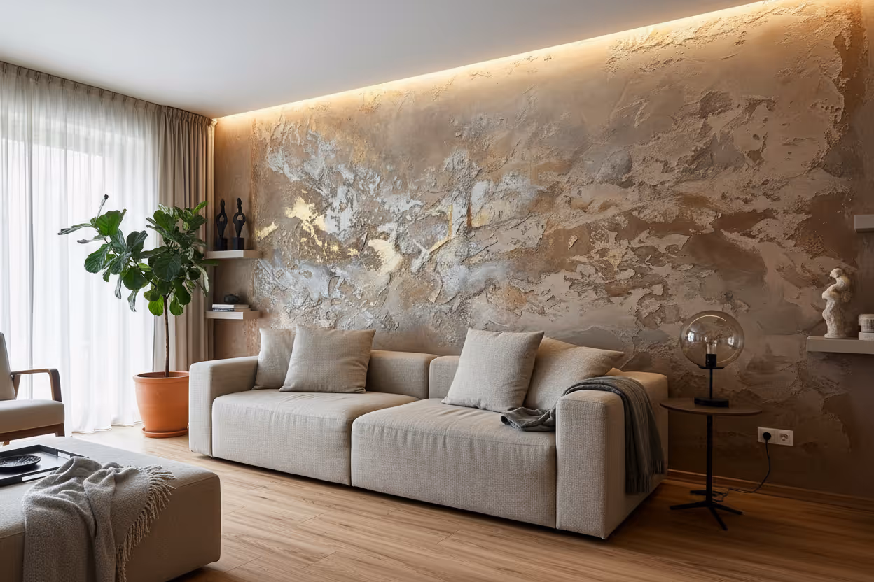 Modernes Wohnzimmer mit beiger Couch, Holzfußboden, großem grünen Pflanzen, dekorativer Wand und indirekter Beleuchtung.