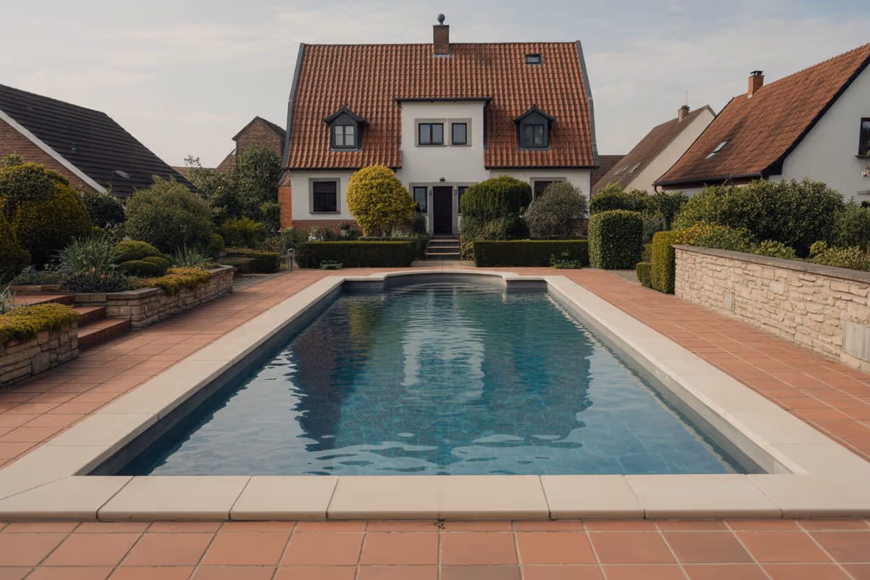 ein rechteckiger swimmingpool vor einem zweist ckigen haus mit rotem ziegeldach 