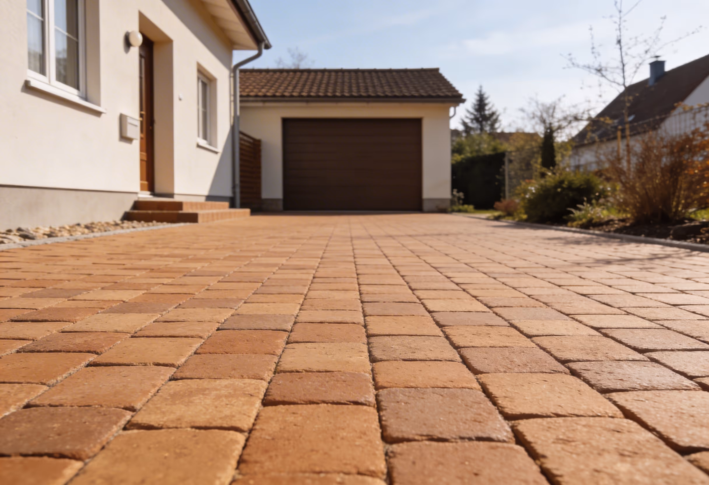 haus mit gepflasterter einfahrt und geschlossener garage bei sonnigem wetter