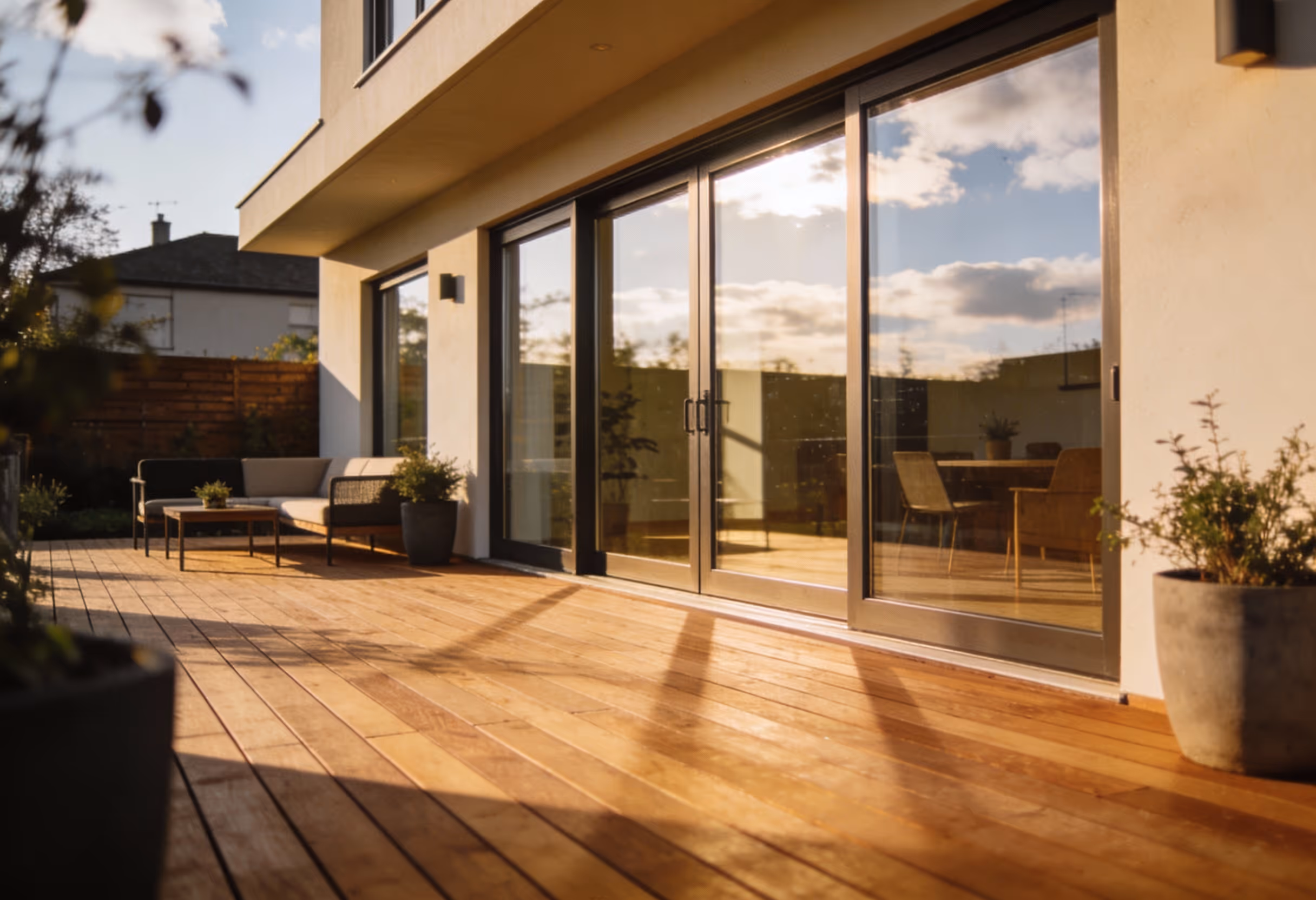 holzterrasse an einem modernen haus mit gro en glasschiebet ren und gartenm beln