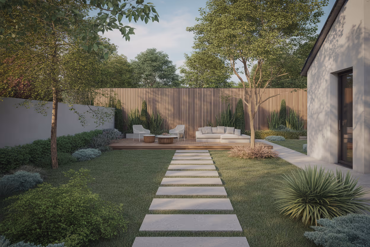 moderner garten mit einer gepflasterten steinweg holzterrasse mit sofas und sess