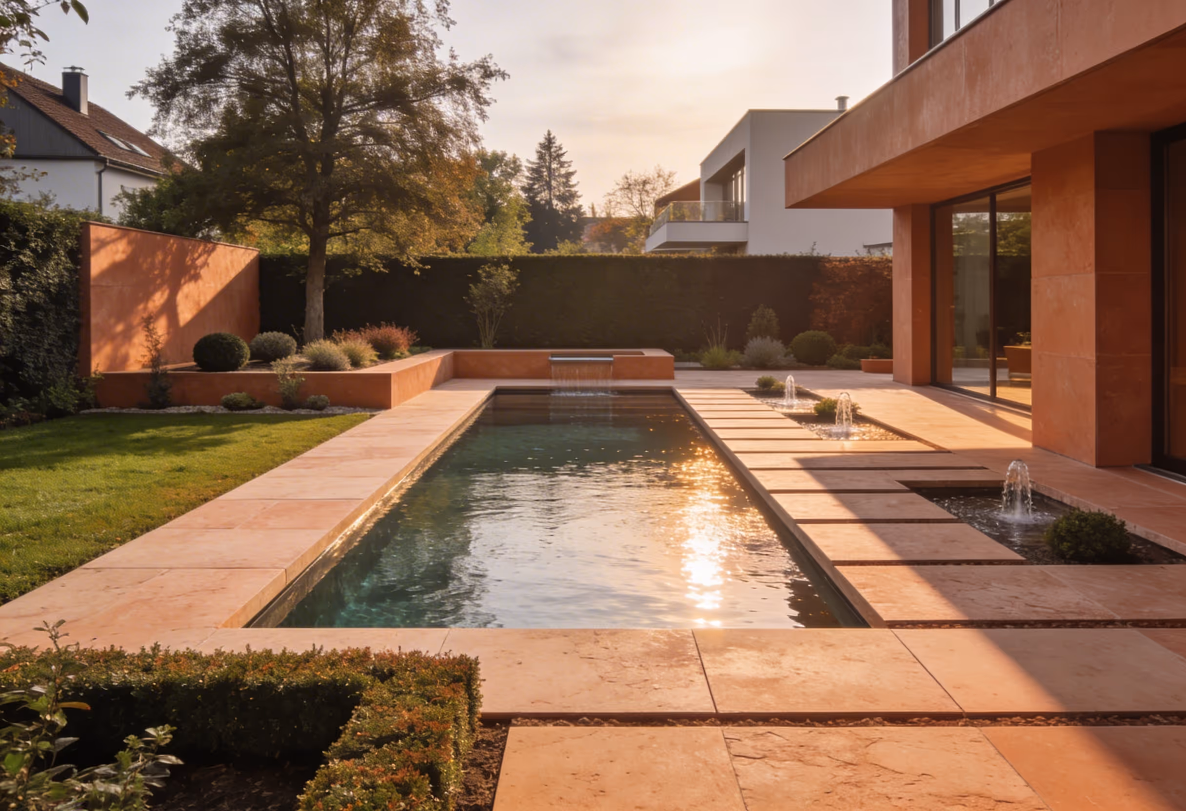 moderner garten mit rechteckigem pool drei kleinen font nen neben dem haus und e