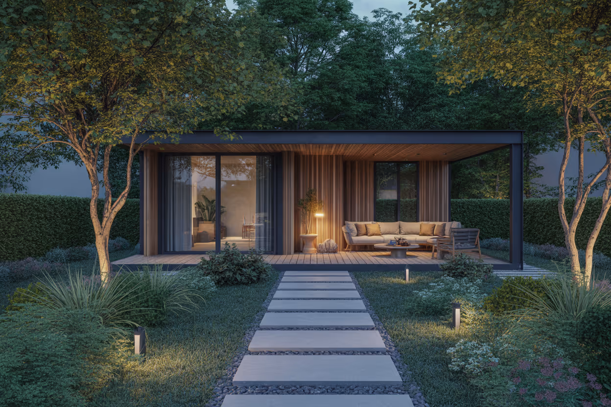 moderner gartenpavillon mit holzwandverkleidung terrasse mit sofa und sessel bel