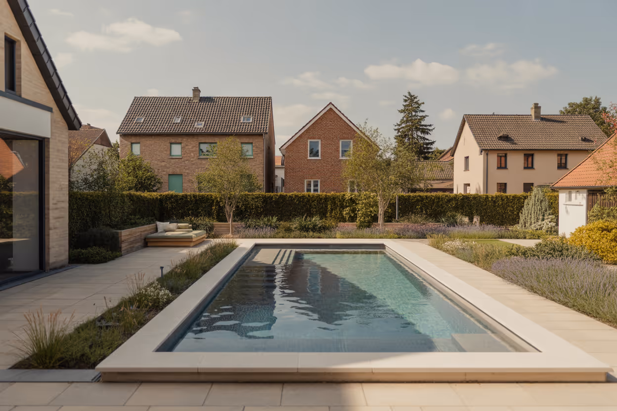 moderner rechteckiger swimmingpool in einem gepflegten garten mit sitzbereich un